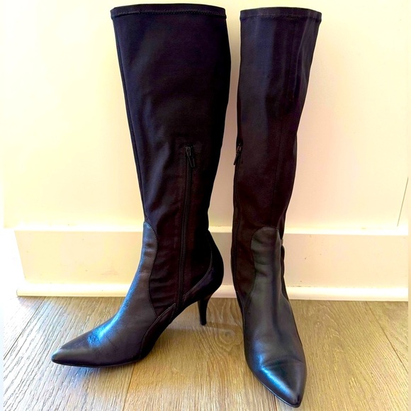 Nine West KneeHigh 3” Heel Blk Leather & Water Resistant Material SideZip Boot-9 - Picture 2 of 9